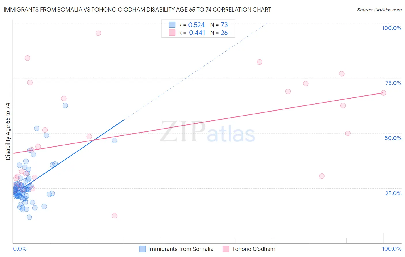 Immigrants from Somalia vs Tohono O'odham Disability Age 65 to 74