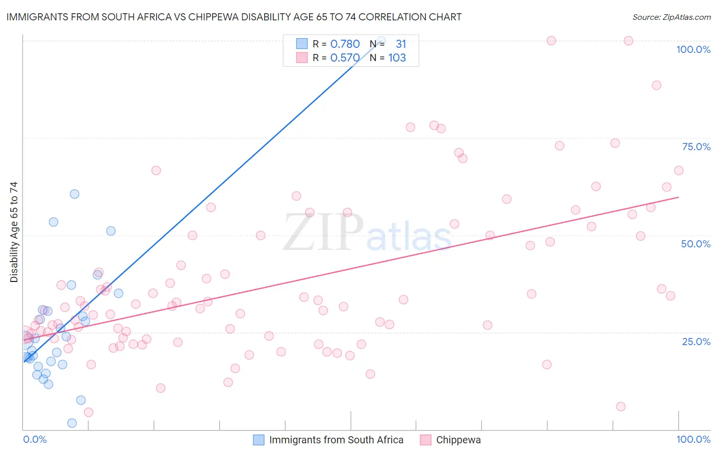 Immigrants from South Africa vs Chippewa Disability Age 65 to 74