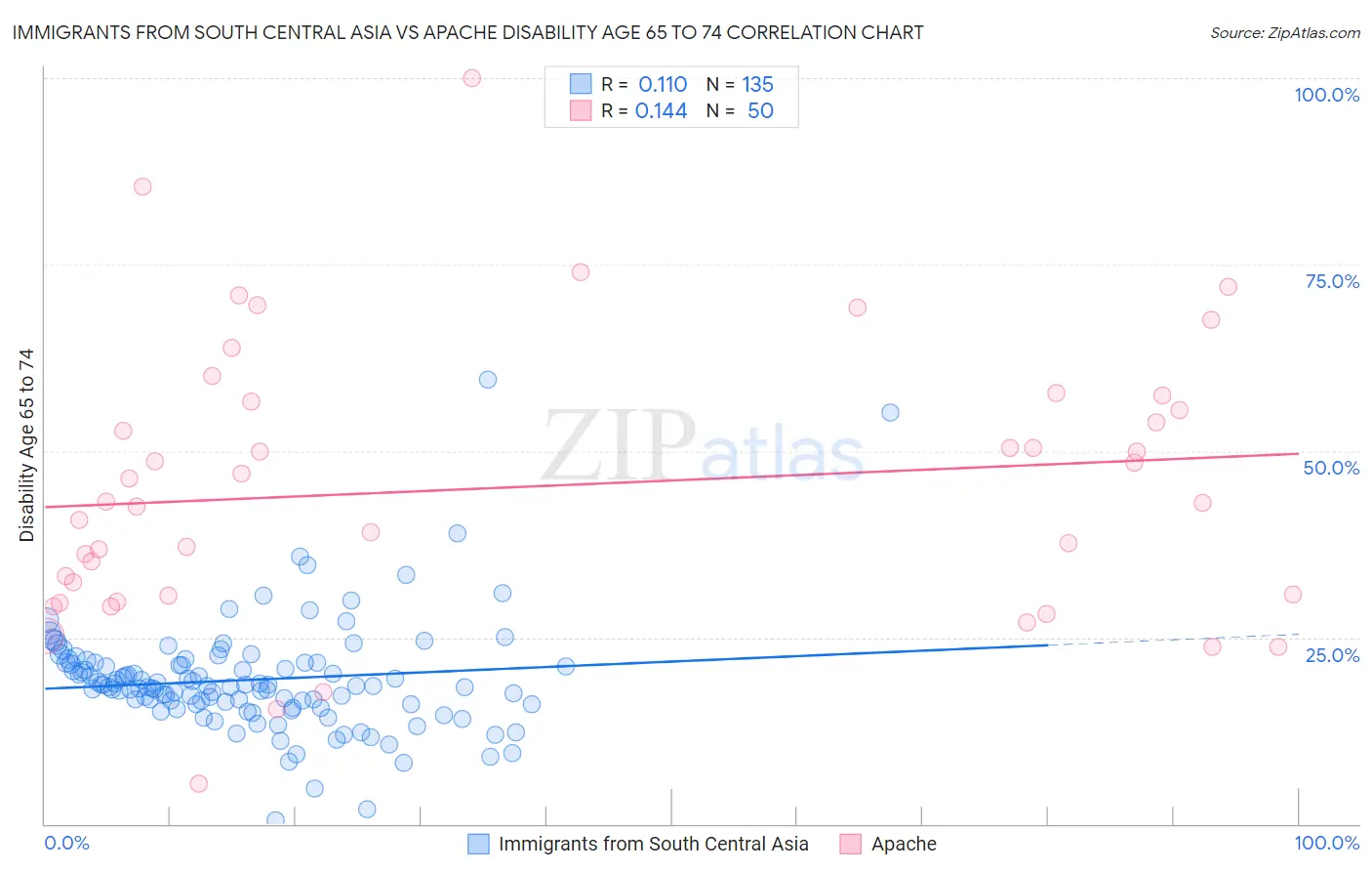 Immigrants from South Central Asia vs Apache Disability Age 65 to 74