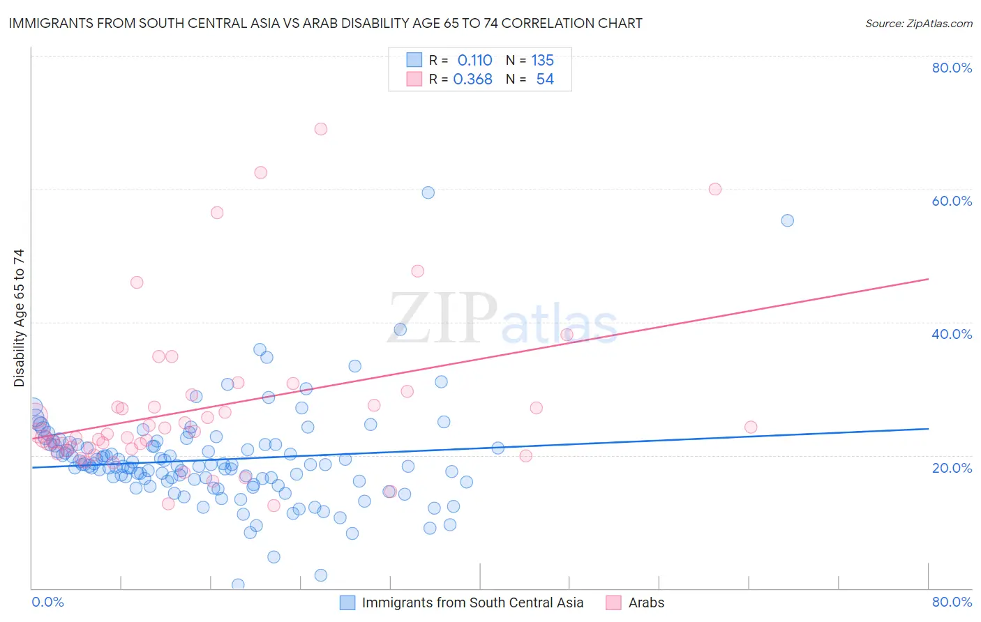 Immigrants from South Central Asia vs Arab Disability Age 65 to 74