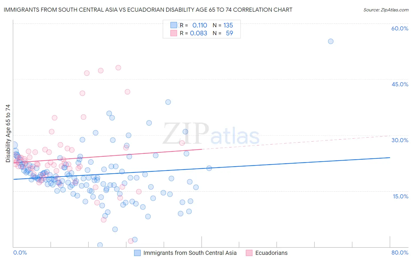 Immigrants from South Central Asia vs Ecuadorian Disability Age 65 to 74
