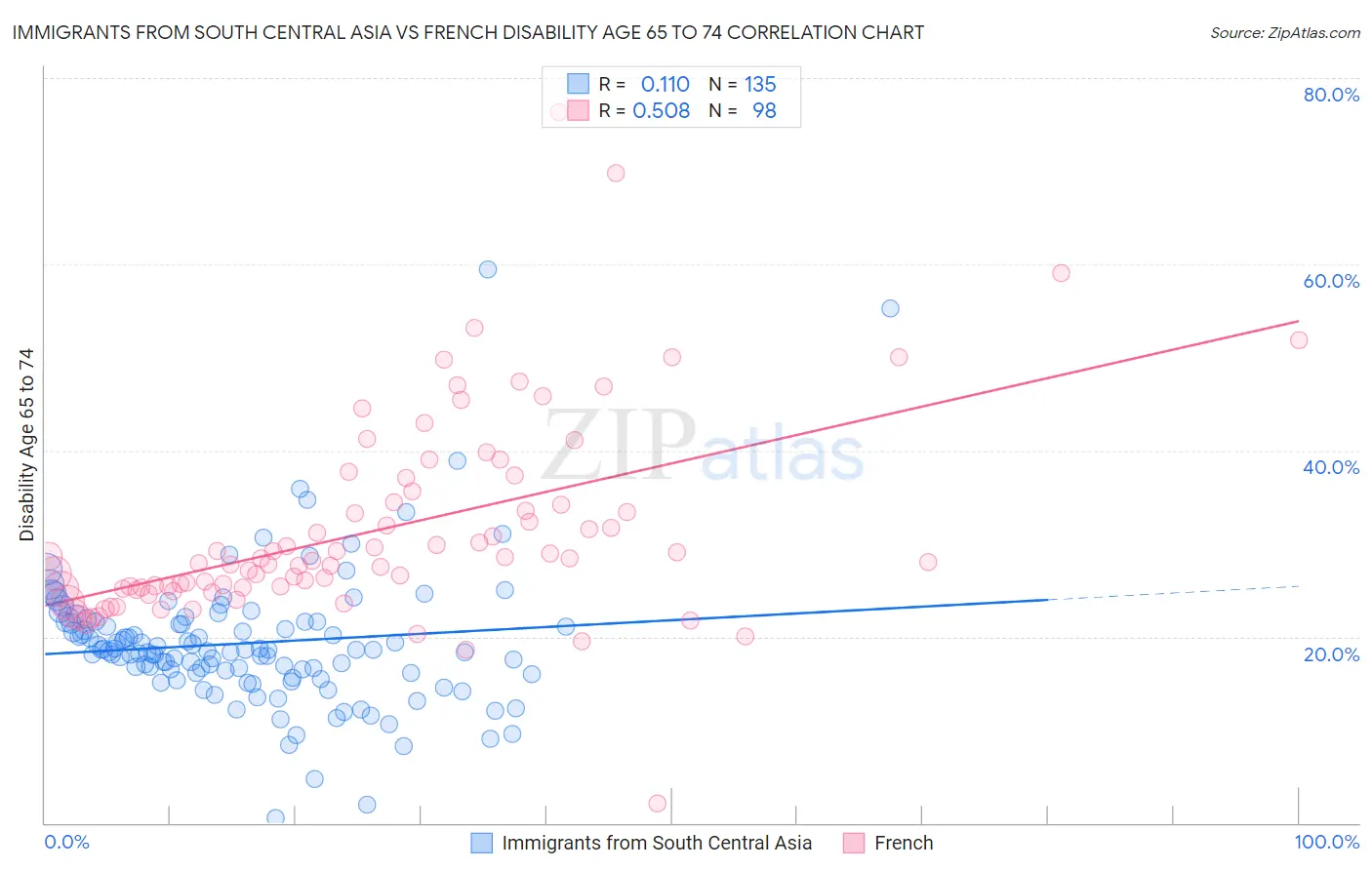 Immigrants from South Central Asia vs French Disability Age 65 to 74