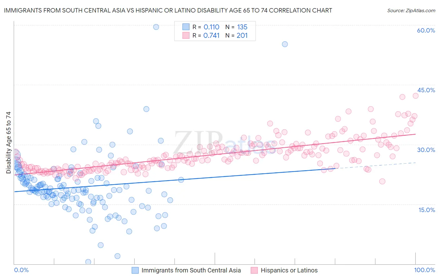 Immigrants from South Central Asia vs Hispanic or Latino Disability Age 65 to 74