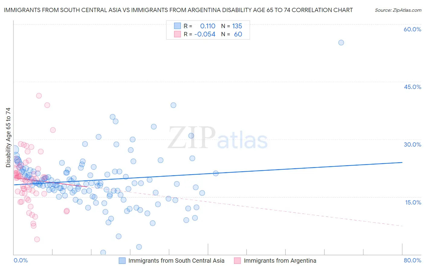 Immigrants from South Central Asia vs Immigrants from Argentina Disability Age 65 to 74