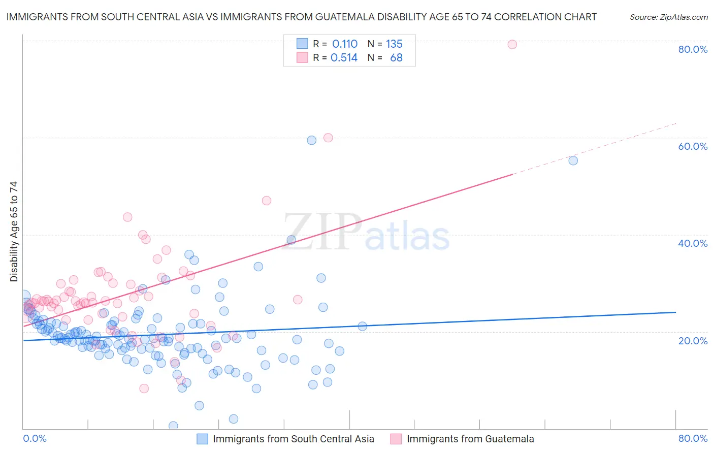 Immigrants from South Central Asia vs Immigrants from Guatemala Disability Age 65 to 74