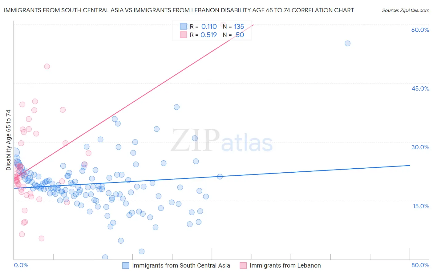 Immigrants from South Central Asia vs Immigrants from Lebanon Disability Age 65 to 74