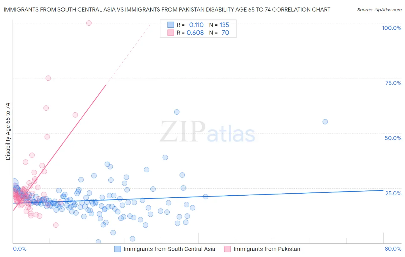 Immigrants from South Central Asia vs Immigrants from Pakistan Disability Age 65 to 74