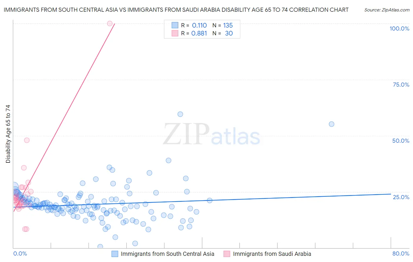 Immigrants from South Central Asia vs Immigrants from Saudi Arabia Disability Age 65 to 74