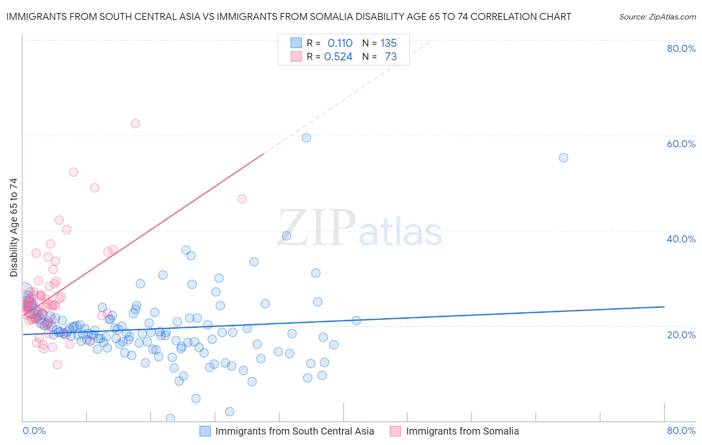Immigrants from South Central Asia vs Immigrants from Somalia Disability Age 65 to 74