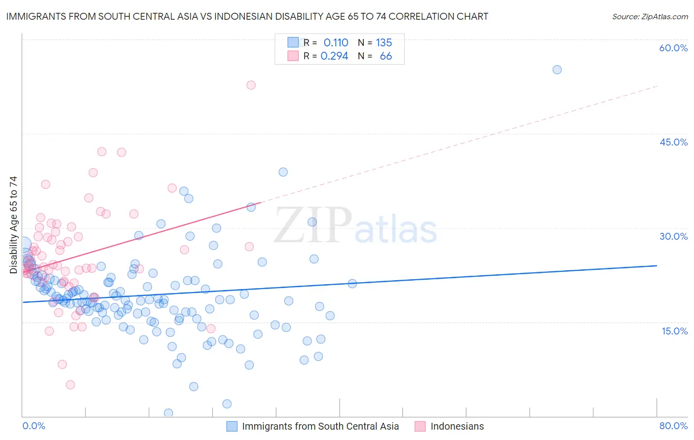 Immigrants from South Central Asia vs Indonesian Disability Age 65 to 74