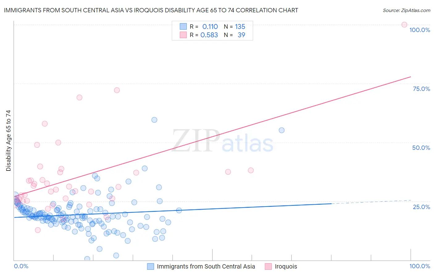 Immigrants from South Central Asia vs Iroquois Disability Age 65 to 74