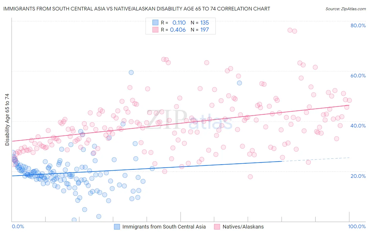 Immigrants from South Central Asia vs Native/Alaskan Disability Age 65 to 74