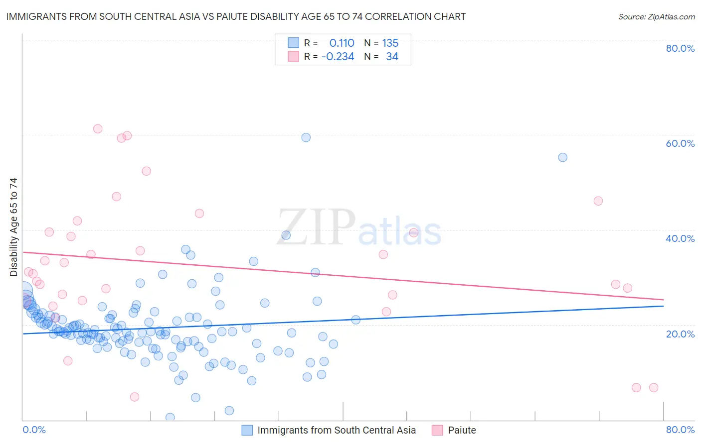 Immigrants from South Central Asia vs Paiute Disability Age 65 to 74