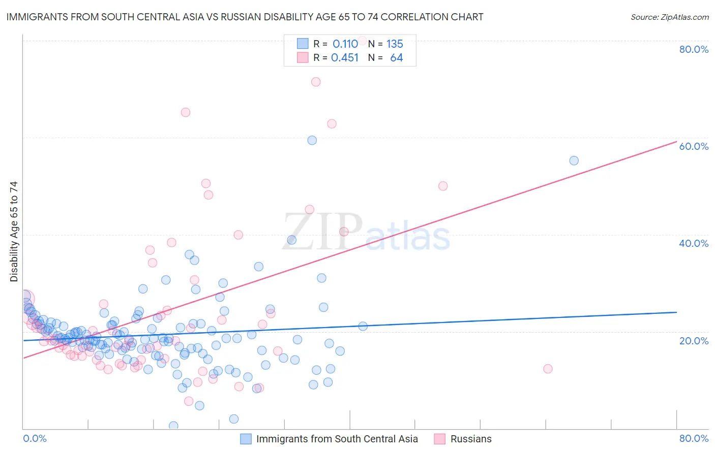 Immigrants from South Central Asia vs Russian Disability Age 65 to 74