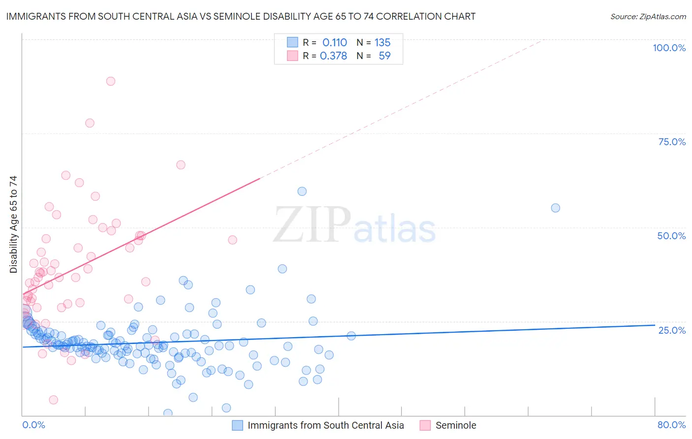 Immigrants from South Central Asia vs Seminole Disability Age 65 to 74