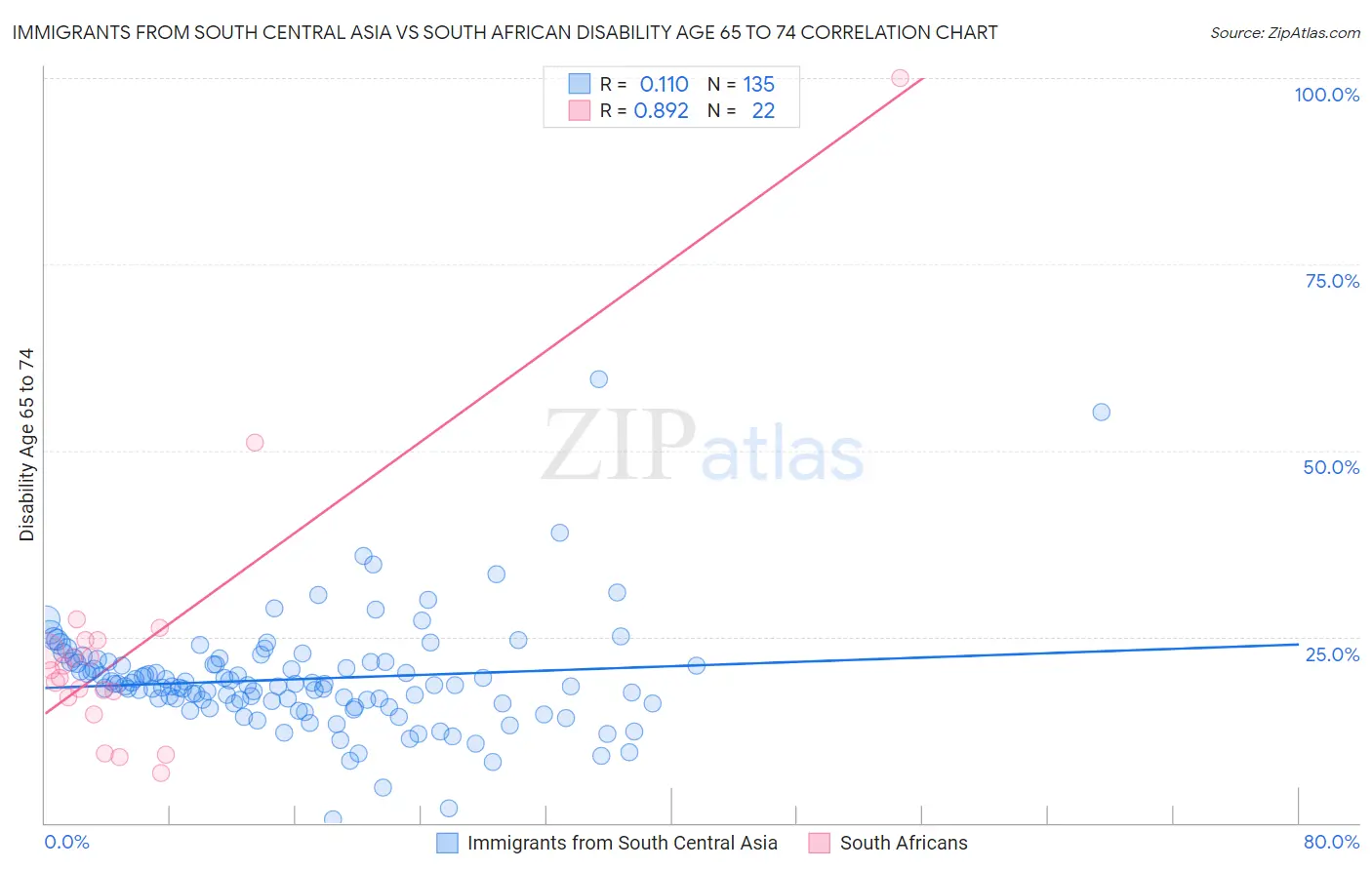Immigrants from South Central Asia vs South African Disability Age 65 to 74