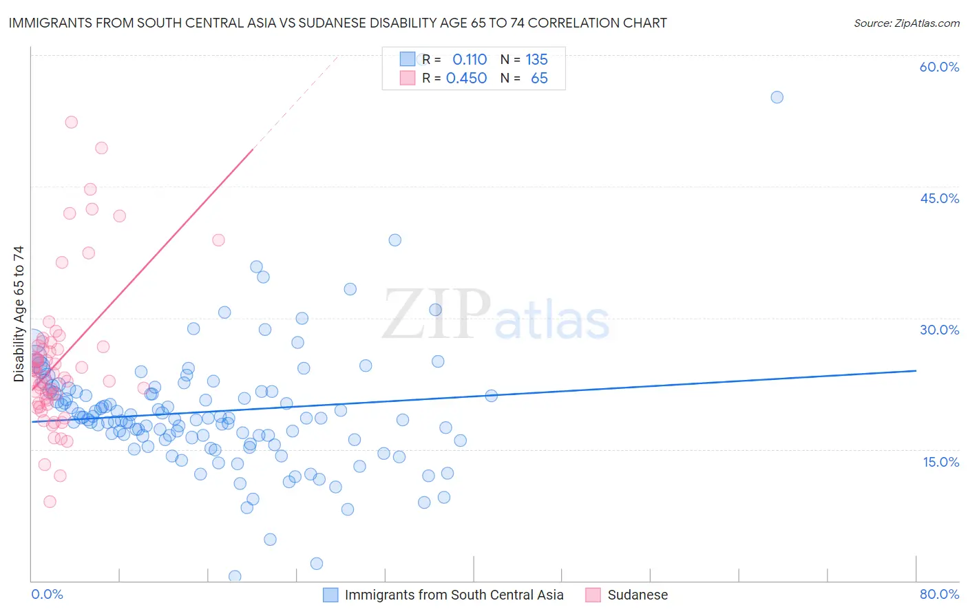 Immigrants from South Central Asia vs Sudanese Disability Age 65 to 74