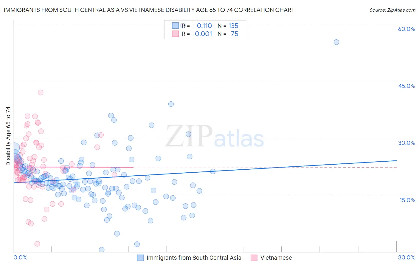 Immigrants from South Central Asia vs Vietnamese Disability Age 65 to 74