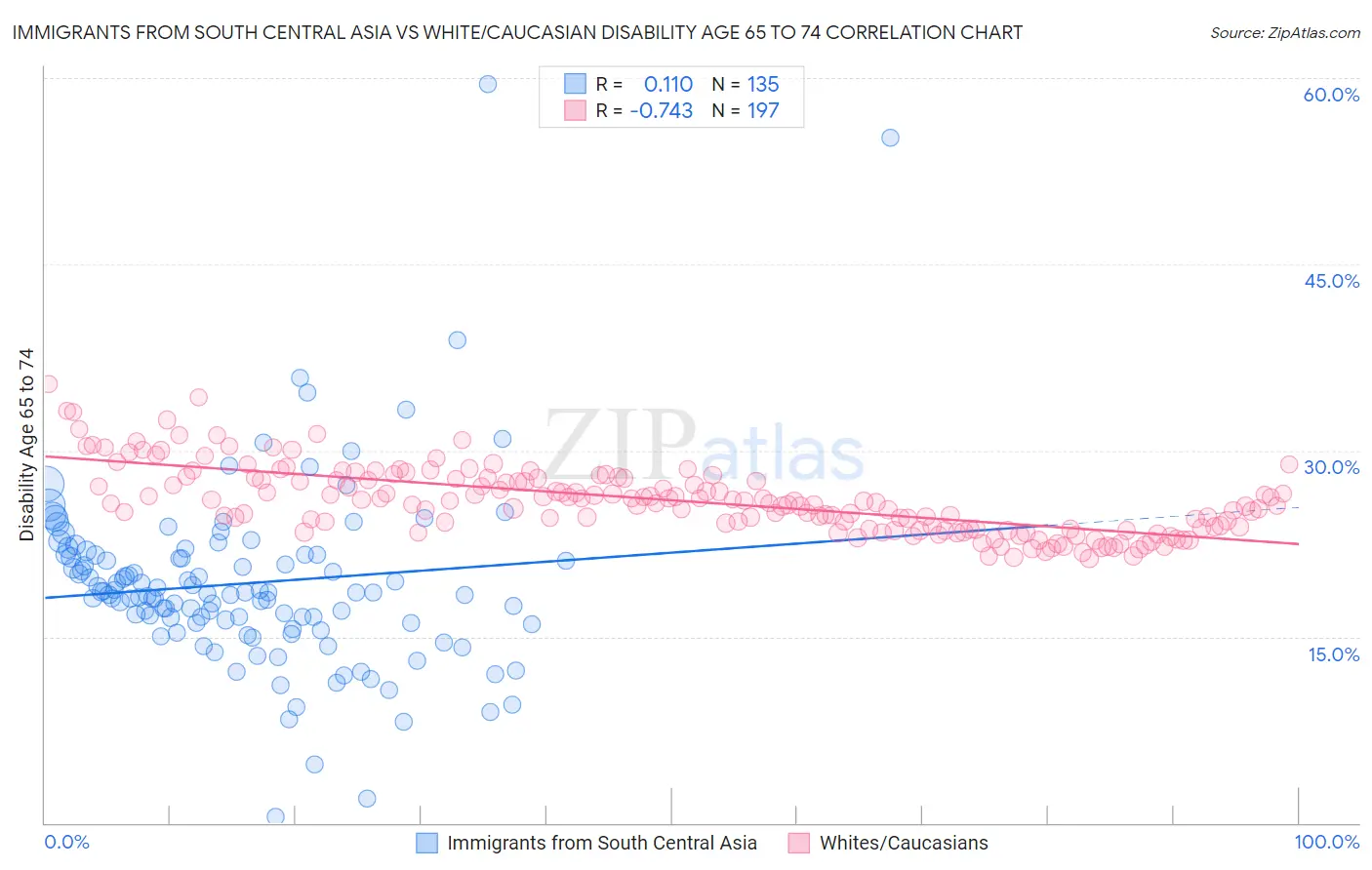 Immigrants from South Central Asia vs White/Caucasian Disability Age 65 to 74