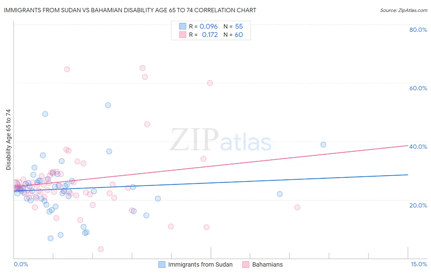 Immigrants from Sudan vs Bahamian Disability Age 65 to 74