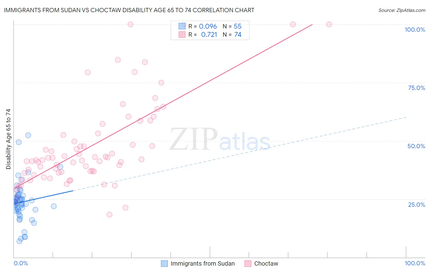 Immigrants from Sudan vs Choctaw Disability Age 65 to 74