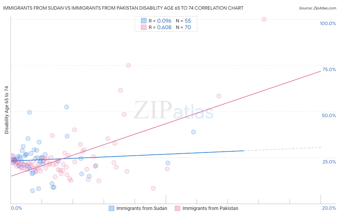 Immigrants from Sudan vs Immigrants from Pakistan Disability Age 65 to 74