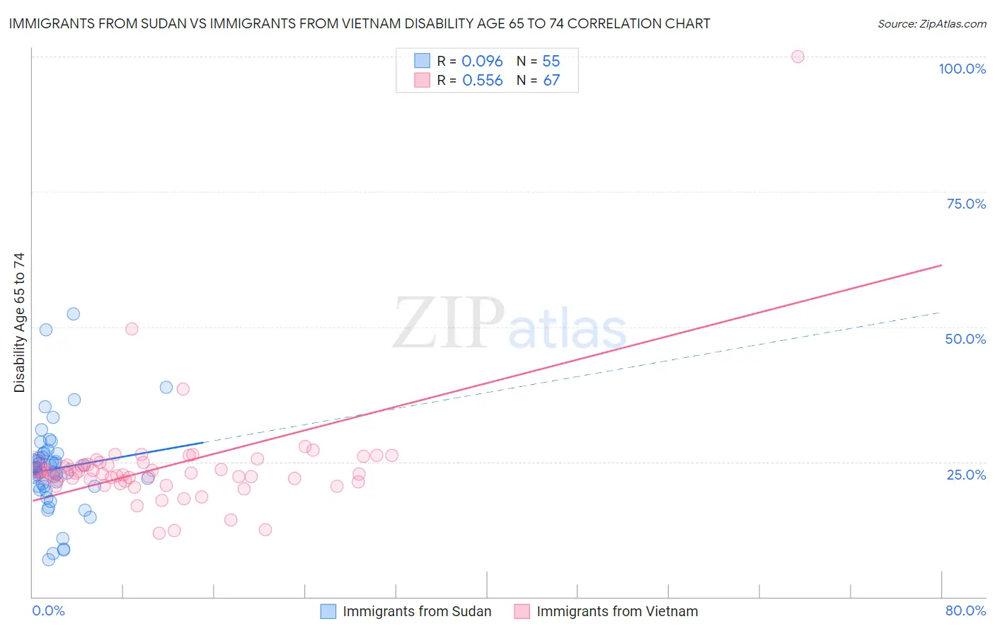 Immigrants from Sudan vs Immigrants from Vietnam Disability Age 65 to 74