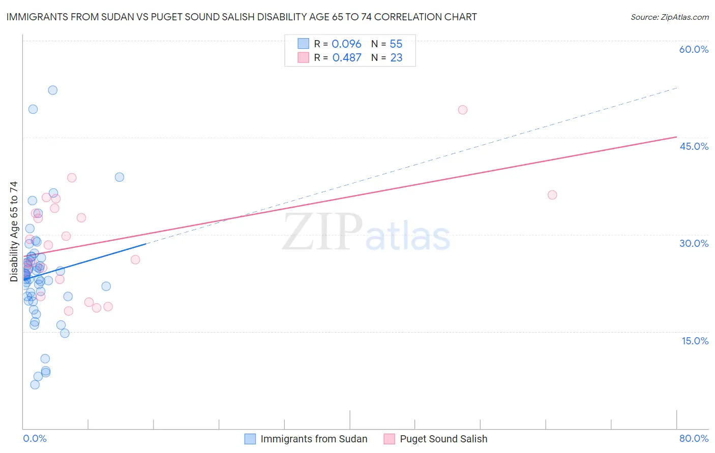 Immigrants from Sudan vs Puget Sound Salish Disability Age 65 to 74