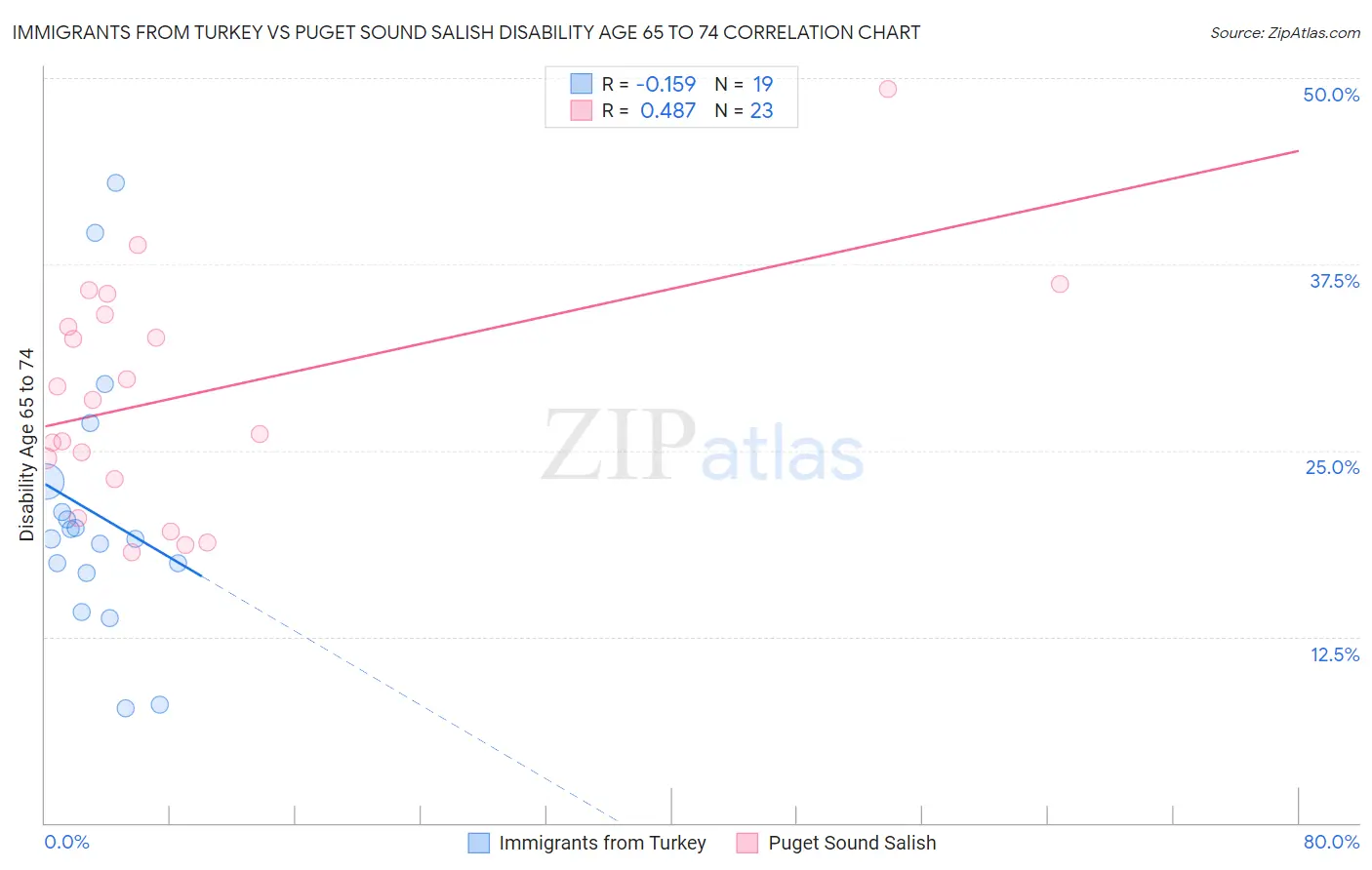 Immigrants from Turkey vs Puget Sound Salish Disability Age 65 to 74