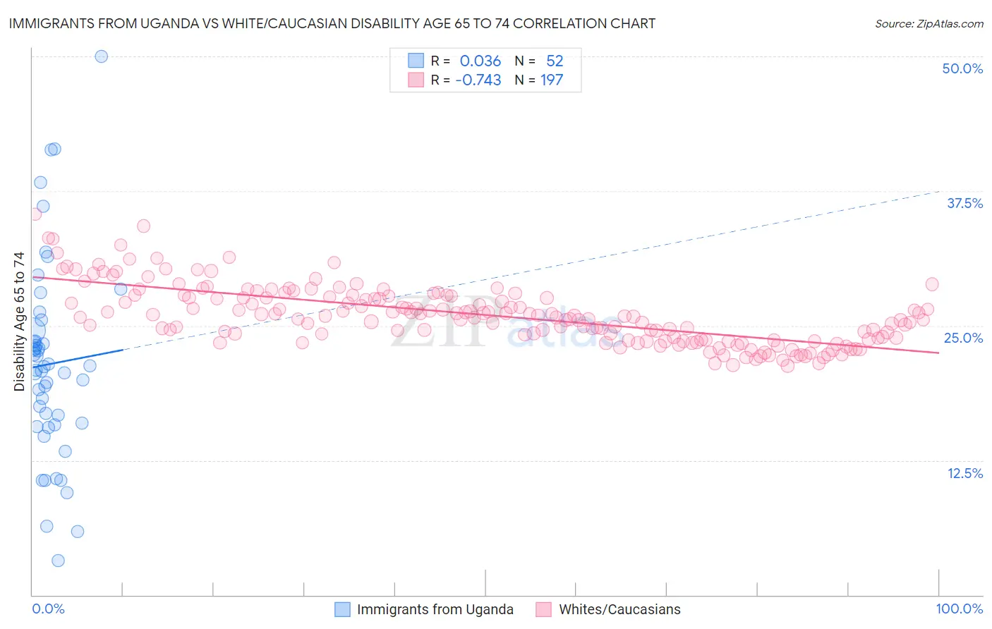 Immigrants from Uganda vs White/Caucasian Disability Age 65 to 74