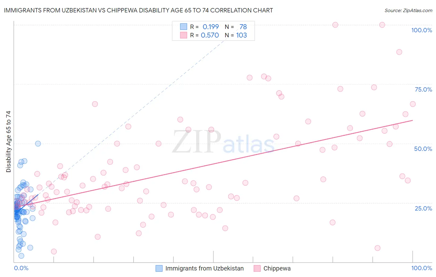 Immigrants from Uzbekistan vs Chippewa Disability Age 65 to 74