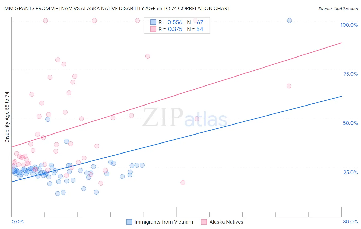 Immigrants from Vietnam vs Alaska Native Disability Age 65 to 74