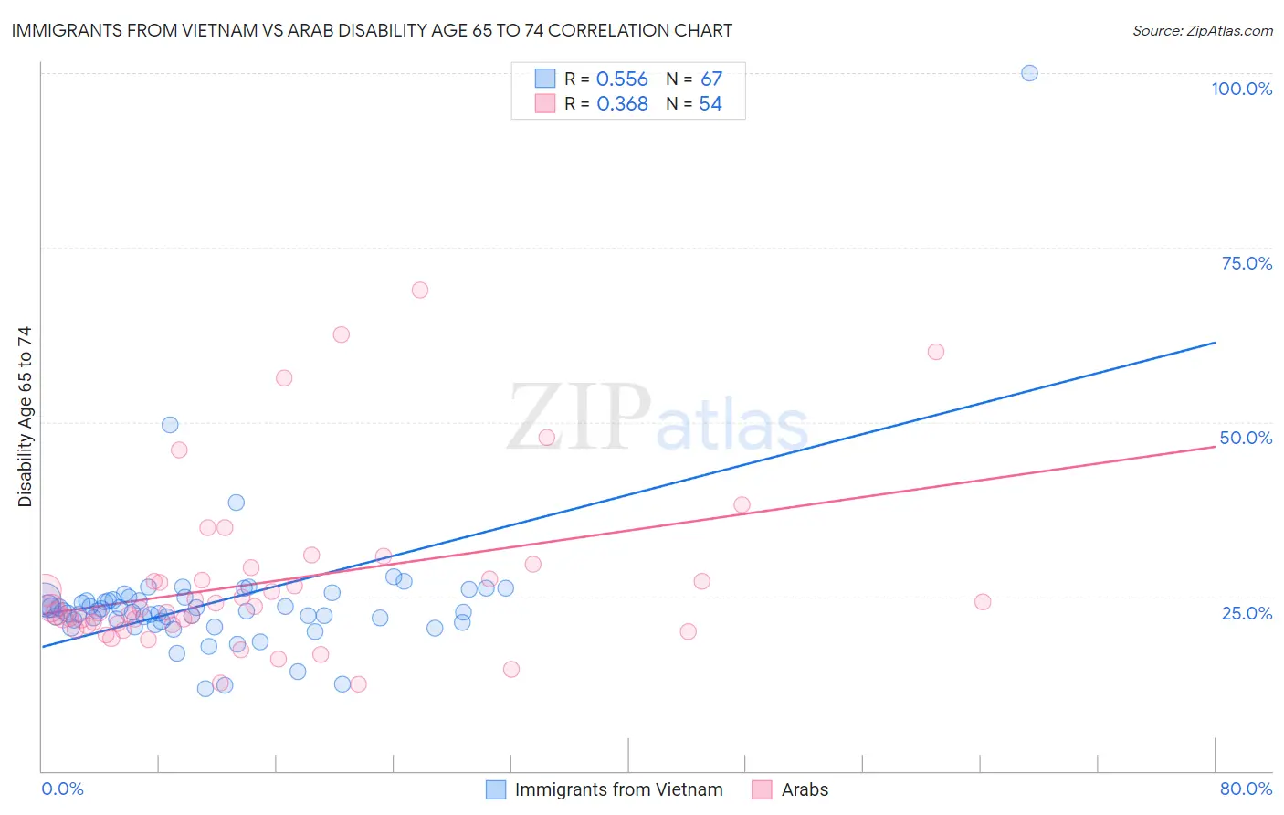 Immigrants from Vietnam vs Arab Disability Age 65 to 74