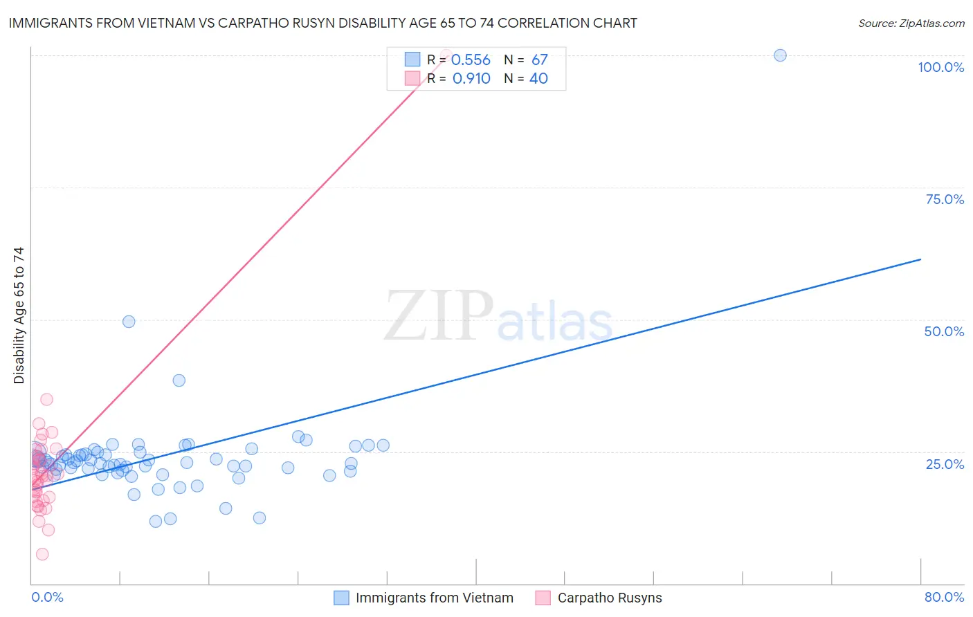 Immigrants from Vietnam vs Carpatho Rusyn Disability Age 65 to 74