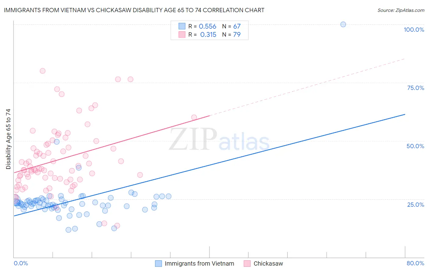 Immigrants from Vietnam vs Chickasaw Disability Age 65 to 74
