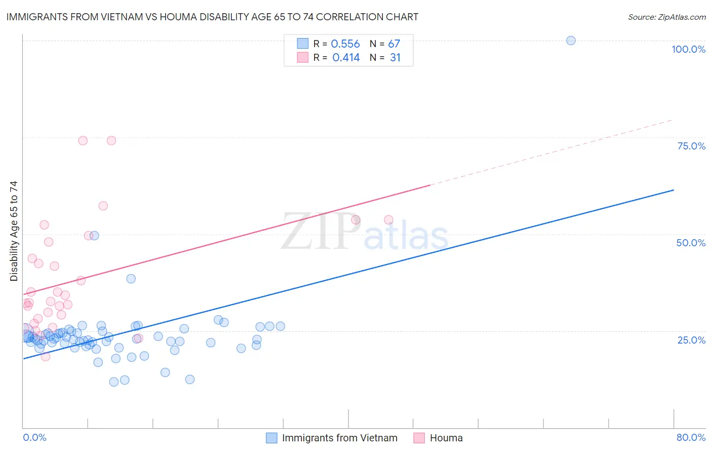 Immigrants from Vietnam vs Houma Disability Age 65 to 74