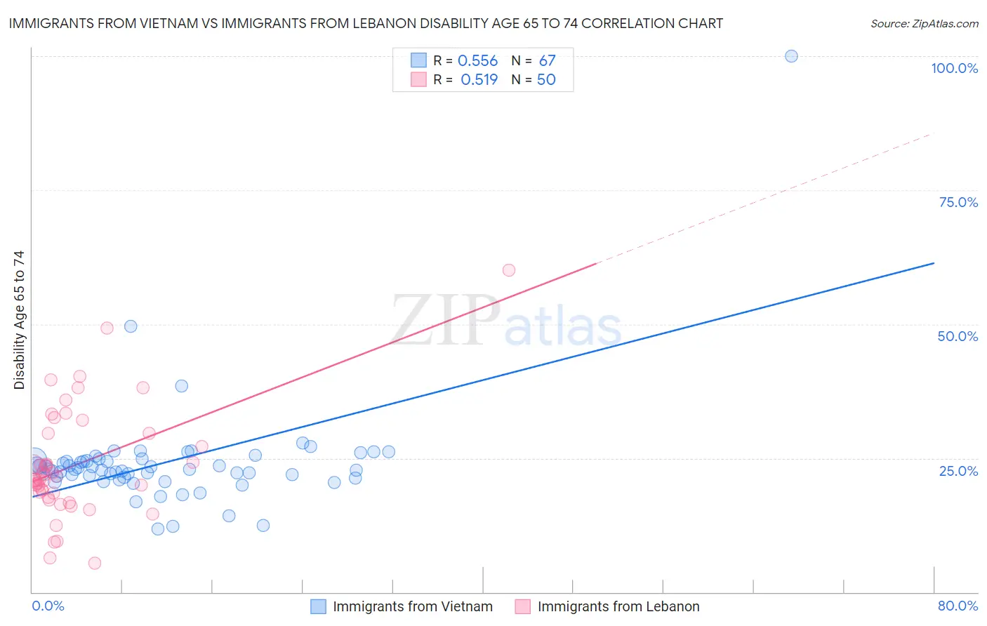 Immigrants from Vietnam vs Immigrants from Lebanon Disability Age 65 to 74