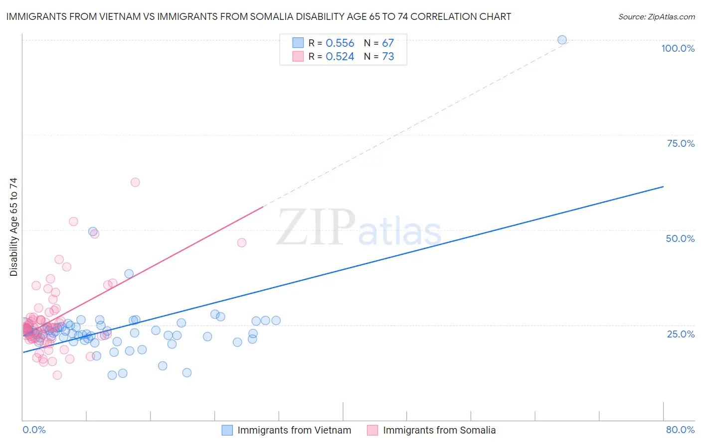 Immigrants from Vietnam vs Immigrants from Somalia Disability Age 65 to 74