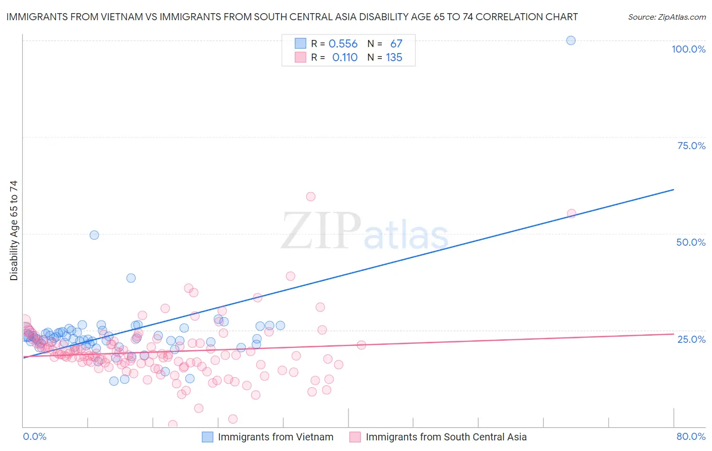 Immigrants from Vietnam vs Immigrants from South Central Asia Disability Age 65 to 74