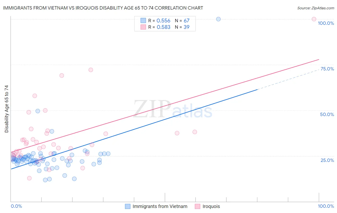 Immigrants from Vietnam vs Iroquois Disability Age 65 to 74