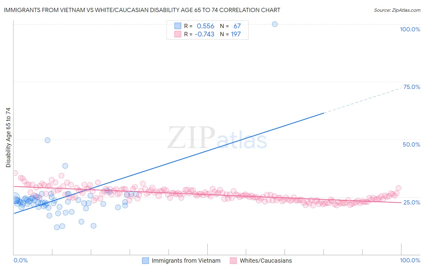 Immigrants from Vietnam vs White/Caucasian Disability Age 65 to 74