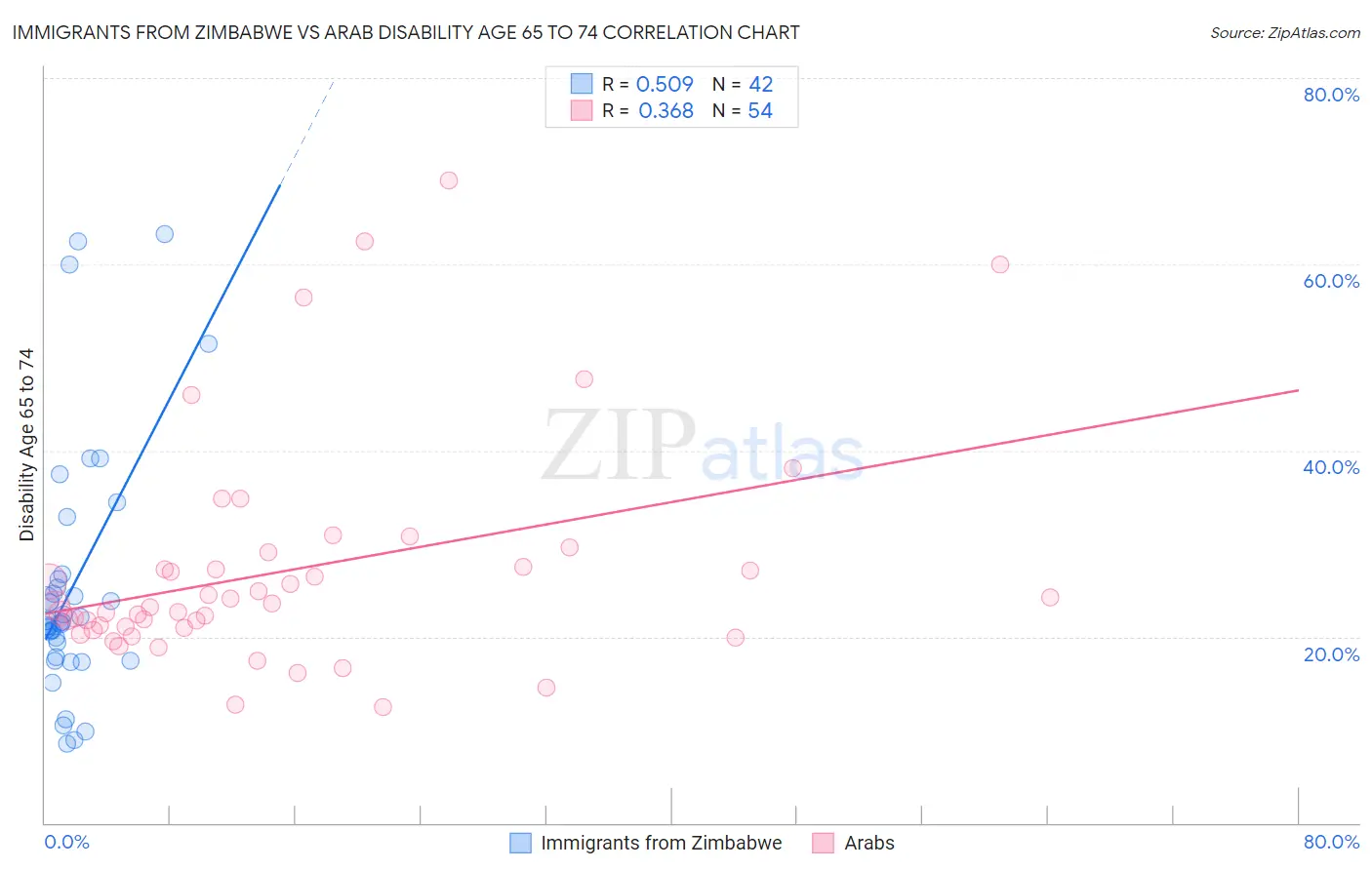 Immigrants from Zimbabwe vs Arab Disability Age 65 to 74