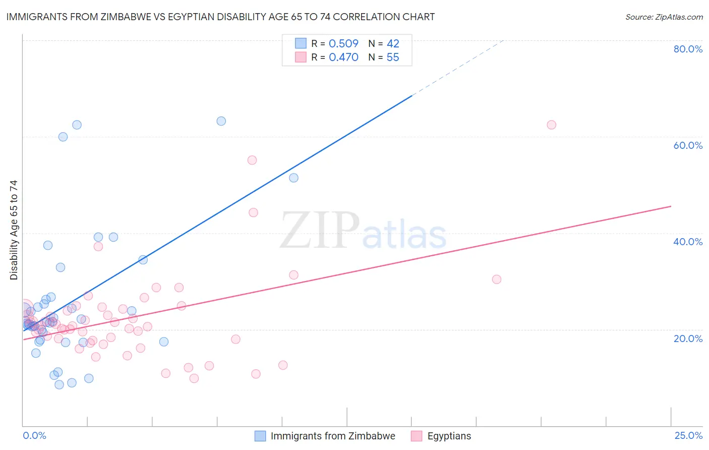 Immigrants from Zimbabwe vs Egyptian Disability Age 65 to 74