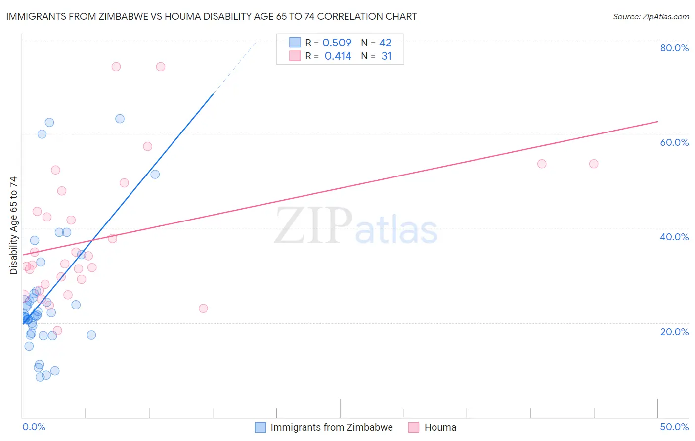Immigrants from Zimbabwe vs Houma Disability Age 65 to 74