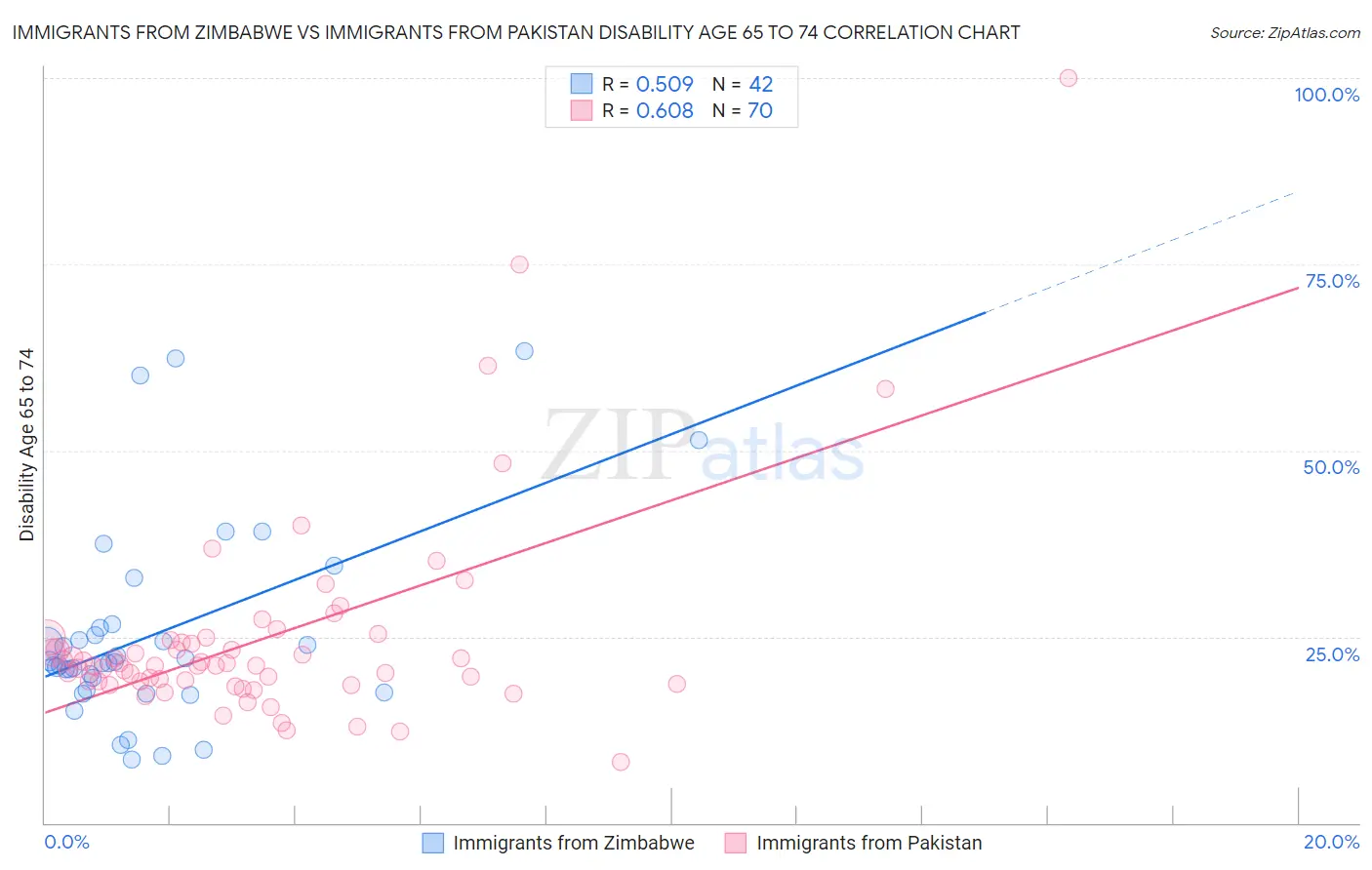 Immigrants from Zimbabwe vs Immigrants from Pakistan Disability Age 65 to 74