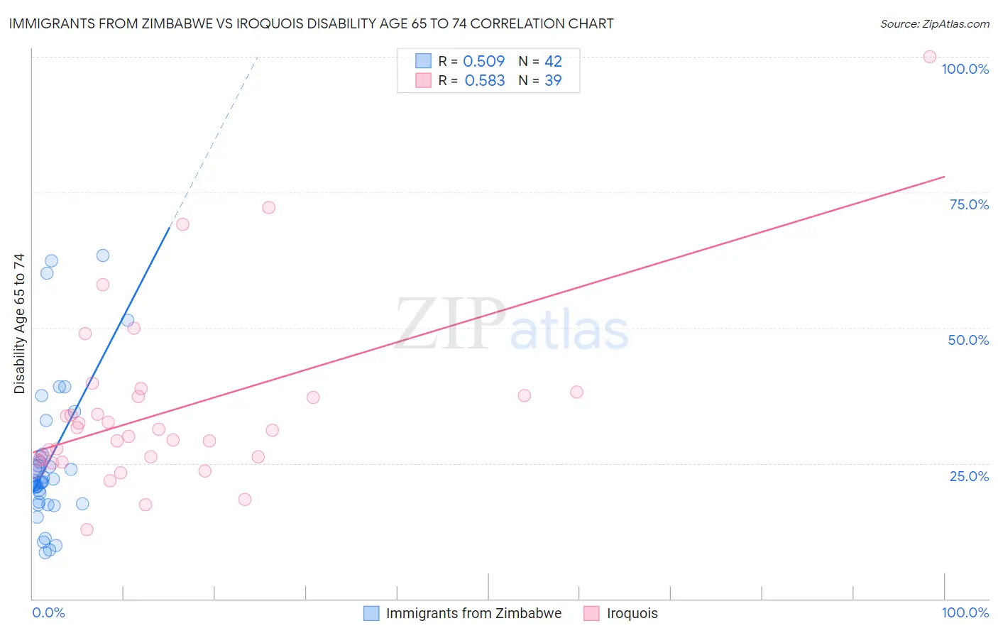 Immigrants from Zimbabwe vs Iroquois Disability Age 65 to 74