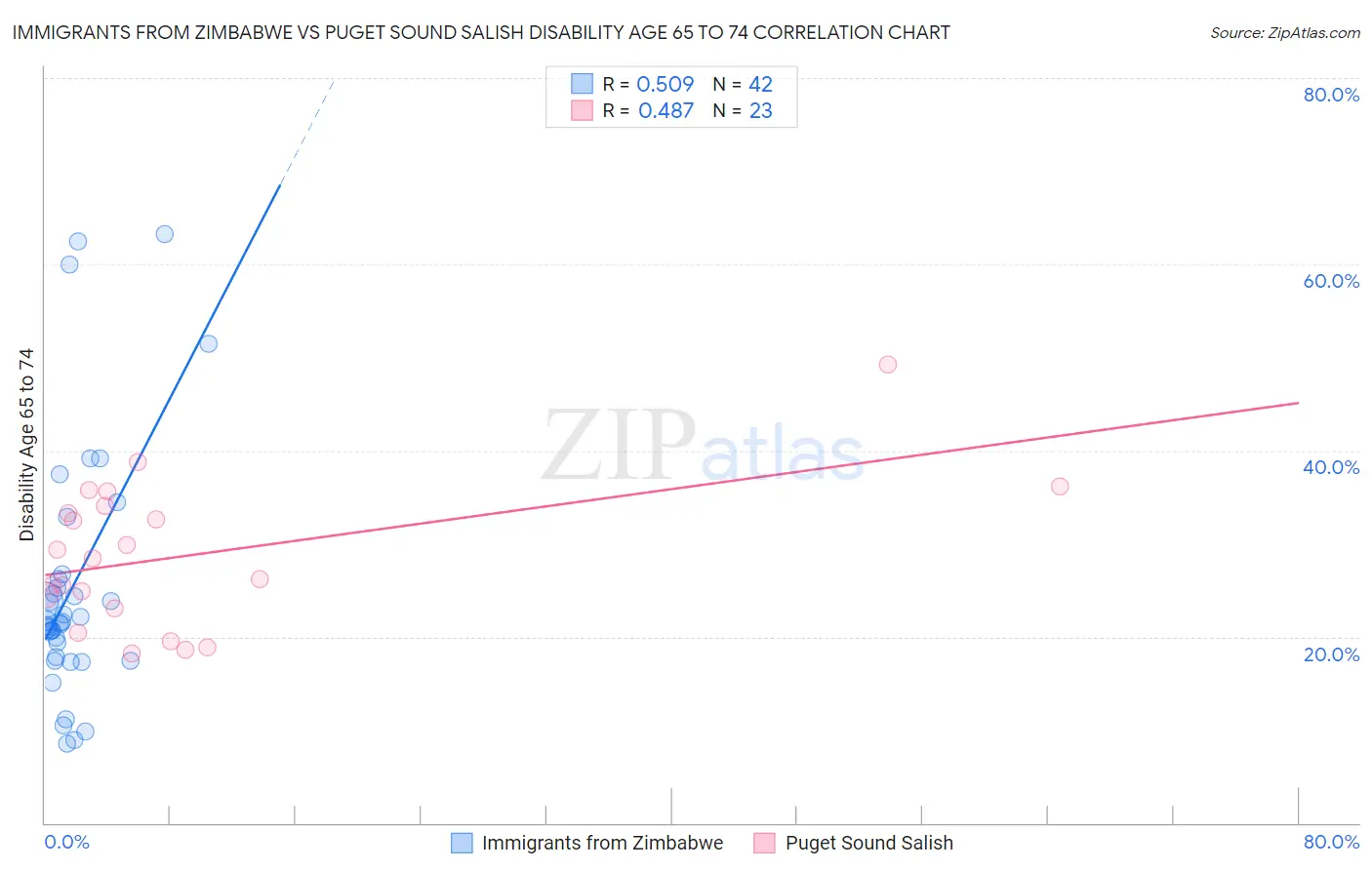 Immigrants from Zimbabwe vs Puget Sound Salish Disability Age 65 to 74
