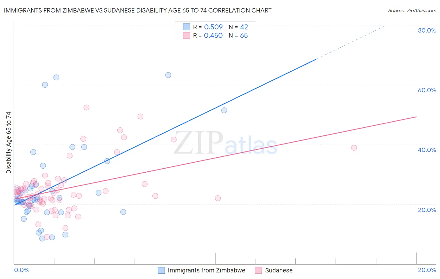 Immigrants from Zimbabwe vs Sudanese Disability Age 65 to 74