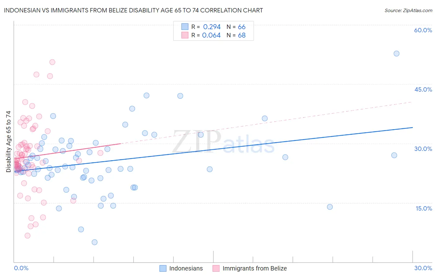 Indonesian vs Immigrants from Belize Disability Age 65 to 74