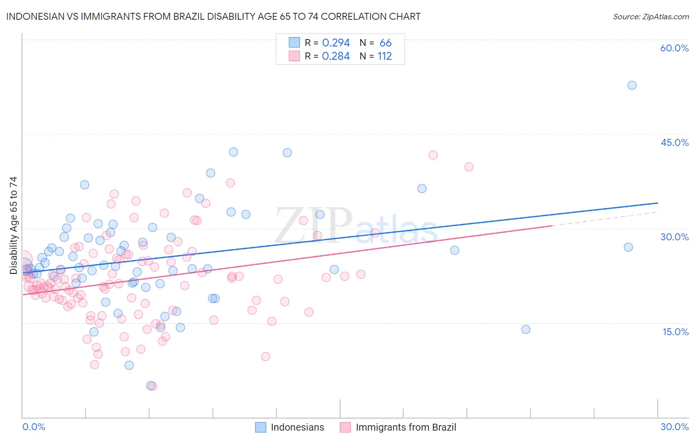 Indonesian vs Immigrants from Brazil Disability Age 65 to 74